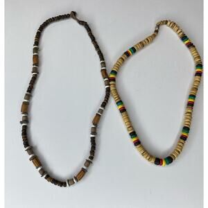 Y2K 90s Shell Rasta Coconut Beaded Necklaces Lot Of 2 Island Hippie Boho